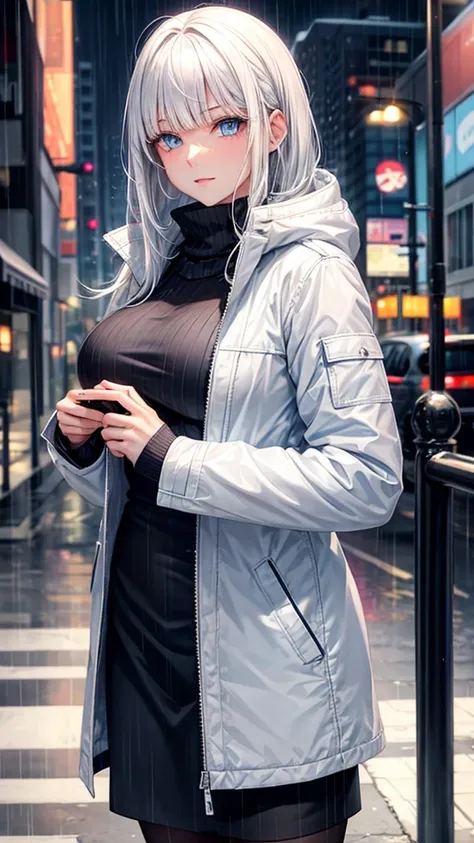  with white hair and bangs, clear blue eyes, medium to large breasts, Waist slender, using a cold jacket, casual, for a date, with an urban background with rain.