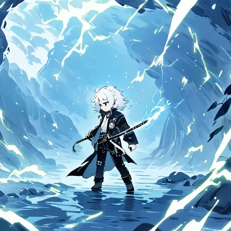 (Best Quality) Dungeonpunk, white portal,
Boy with white hair ( Type of Satoru Gojo ), dark shaped eyes, black robe, black pants, standing backwards, se aproximando ao pequeno white portal que está logo a frente, katana, Electricity in the air, inside a ca...