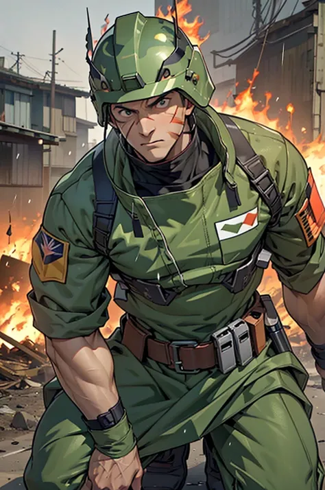 ((Artwork)), 4K, 2000s anime style, 1 man, bald, burn scar on face, wide nose, scared look, wearing green military helmet, green camouflage military equipment, kneeling, combat scenario full of fire and bodies, broken tanks in the background, raining.