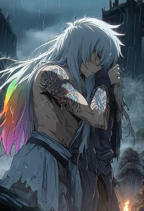 An ethereal sultryseductivedemonic 20 year old anime male druid with metallic long hair and tattoos, intimately holding and almost kissing a 20 year old anime male, anime druid demon male hellscape at night, manga inspired by Masashi Wakui, rainbow color p...