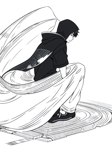 (1boy,15 years old,solo),((black hooded)),(white background,line drawing),(back view),sitting