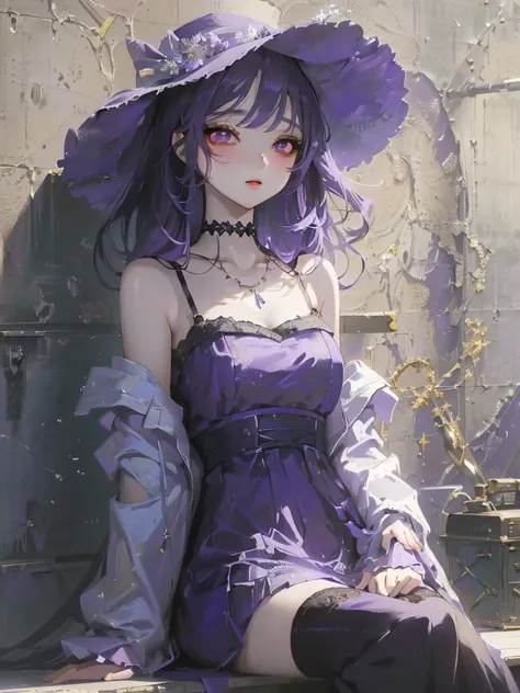 anime girl in purple dress and hat sitting on a shelf, gwaiz, artwork in the style of gwaiz, gwaiz on pixiv artstation, gwaiz on...