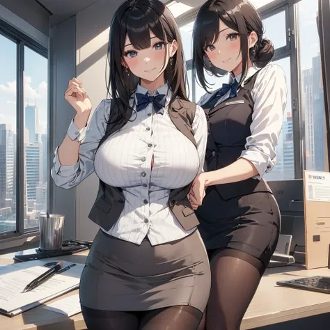 1lady standing, office worker, receptionist, (vest with white and gray checks:1.2) (navy pencil skirt) bowtie, mature female, /(black hair/) bangs, blush kind smile, (masterpiece best quality:1.2) delicate illustration ultra-detailed, large breasts BREAK (...