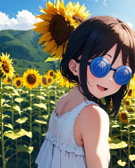 one girl, alone, ((coke bottle_glasses:1.2)), sunflower field, summer, sunlight, one girl, :d, portraiture, upper_body, white su...