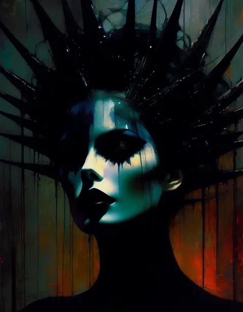 Darksynth aesthetic, minimalist background, gothic makeup, strange fashion photography, masterpiece. evening, (art inspired by Bill Sienkiewicz). oil painting)
