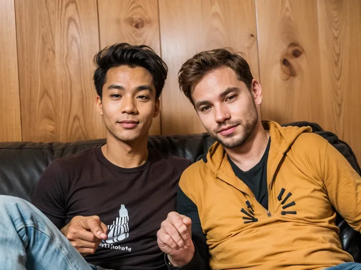 two men sitting on a sofa