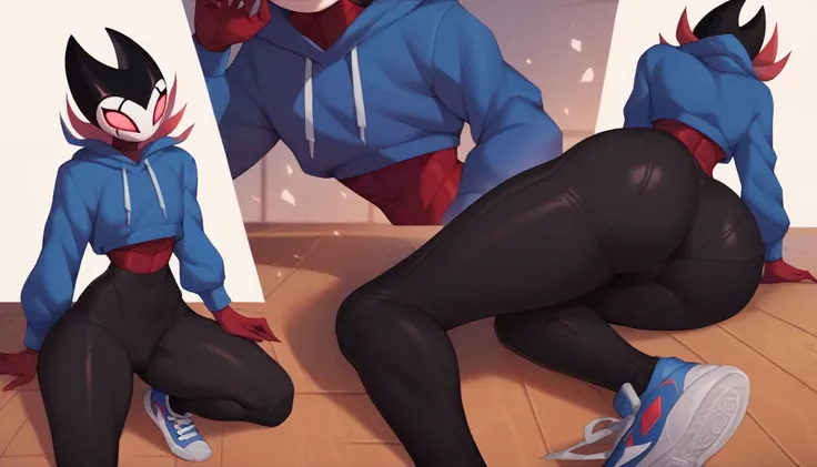 score_9, score_8_up, score_7_up, score_6_up, zPDXL2, grimm (hollow knight), vampire, bat, 1boy, solo, cute face, detailed eyes, portrait, thick thighs, anthro, thick ass, pov, tight black sports pants, cinematic angle, blue large hoodie, cool pose, red spo...