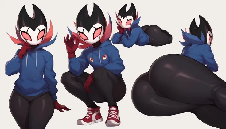 score_9, score_8_up, score_7_up, score_6_up, zPDXL2, grimm (hollow knight), vampire, bat, 1boy, solo, cute face, detailed eyes, portrait, thick thighs, anthro, thick ass, pov, tight black sports pants, cinematic angle, blue large hoodie, cool pose, red spo...