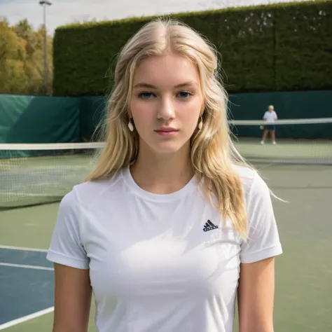 Un portrait photoréaliste dune jeune blonde de 21 ans avec de longs cheveux blanc  qui joue au tennis 