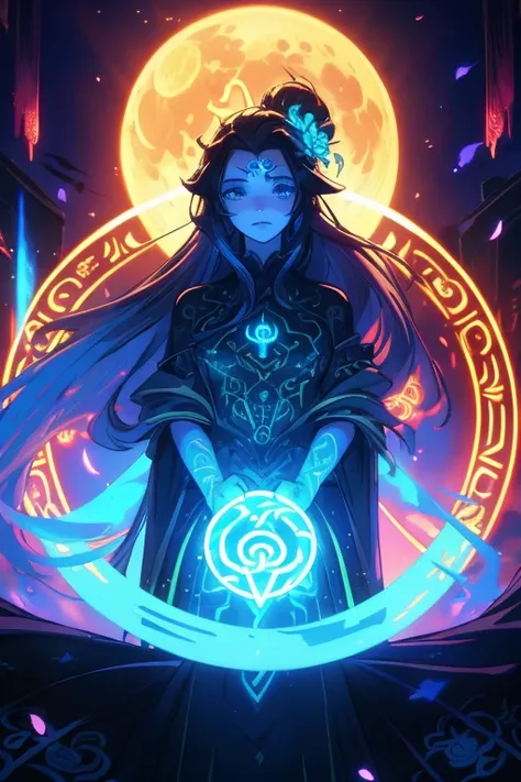 Enchanted witch encountering an alien life form, Magic ghost flower from the abyss, Lit by bioluminescent plants, Very detailed, Glowing lawn, Art Nouveau influences, Amazing moon art.  (Luminescent hair), (detailed pearl blue eye), goddess soul, (Magic Sw...