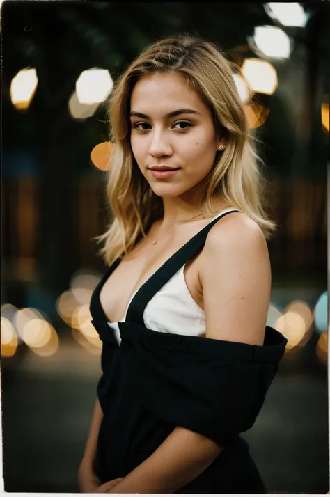 polaroid photo, night photo, photo of 24 y.o beautiful woman, blonde, lightskin, bokeh, motion blur