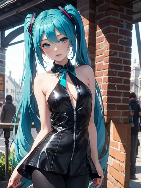 Brussels Old Town、cobblestone、hatsune miku、long hair、Wear a sleeveless zipper-up top、Wear low rise leggings