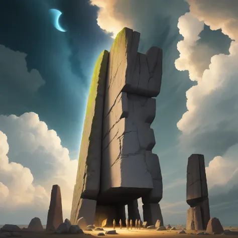 digital paintings titled "At the Empyrean Megalith," depicting a celestial noon scene with a massive megalith reaching towards the heavens.