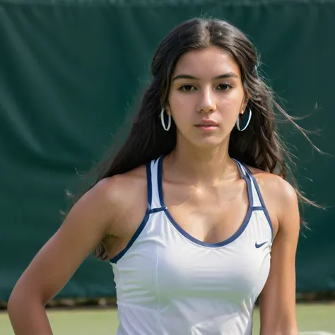 A photorealistic portrait of a 21-year-old Colombian girl with long, flowing black hair playing tennis. The photo is taken from a distance without zooming.