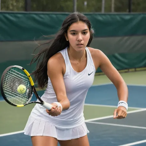 A photorealistic portrait of a 21-year-old Colombian girl with long, flowing black hair playing tennis. The photo is taken from a distance without zooming.