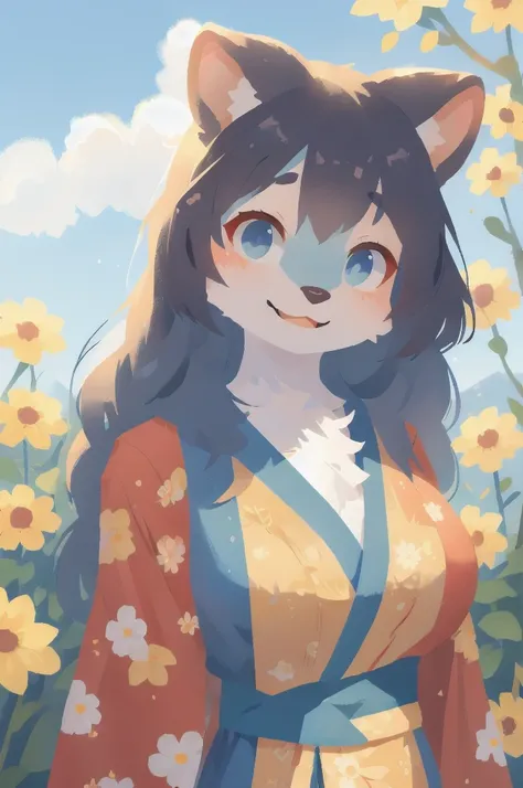 1bou, yuri, smile, happy, kimono, blue sky, flowers, looking at viewer,, (anthro, furry, kemono:1.3), (best quality, masterpiece, illustration, ultra-detailed:1.3)