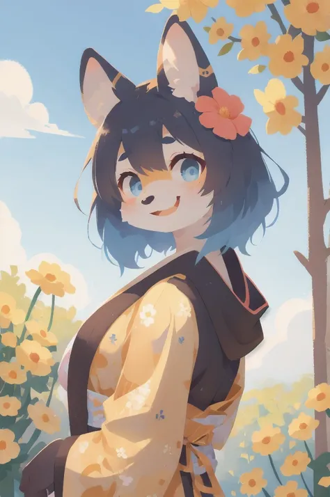 1bou, yuri, smile, happy, kimono, blue sky, flowers, looking at viewer,, (anthro, furry, kemono:1.3), (best quality, masterpiece, illustration, ultra-detailed:1.3)