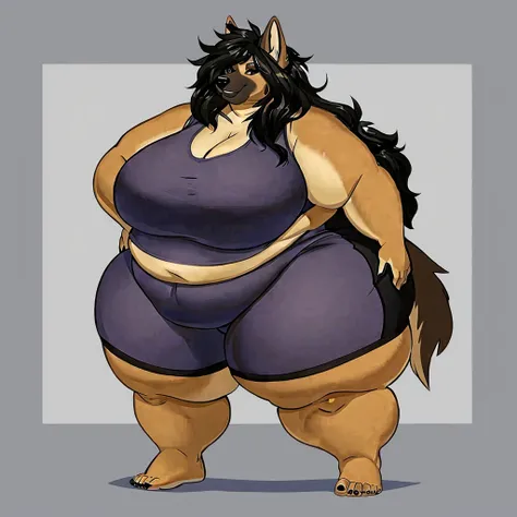 German Shepherd, female, long hair, huge breasts, huge hips, huge thighs, plump, voluptuous, obese, sports bra, sports shorts, simple background, barefoot,fat arms, fat legs, belly rolls,messy hair , wide silhouette 