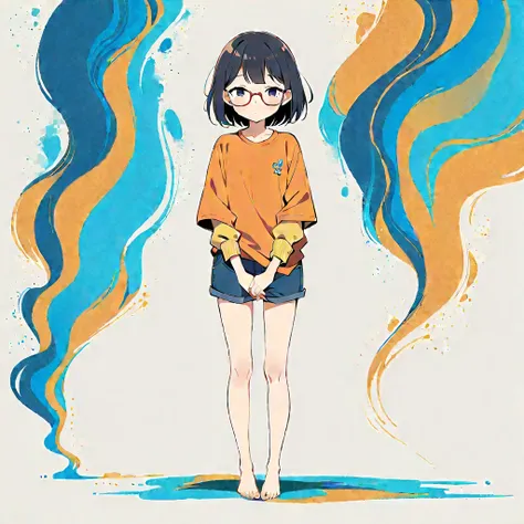 11 yo girl in house，Simple lineinimalism，Abstract Art, urge to pee, covering crotch with two hands, knees together, feet apart, open eyes, orange shirt, yellow arm warmers, shorts, wearing glasses, full-body view, standing upright, fitted clothes, barefoot...