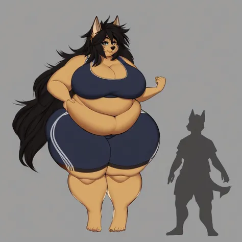 German Shepherd, female, long hair, huge breasts, huge hips, huge thighs, plump, voluptuous, obese, sports bra, sports shorts, simple background, barefoot,fat arms, fat legs, belly rolls,messy hair , wide silhouette 