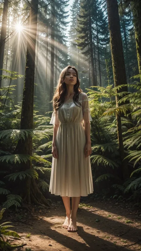 Woman in an enchanted forest at dawn, high resolution, extremely realistic - A woman standing in an enchanted forest clearing, with rays of sunshine filtering through the tall trees. Wildflowers surround her feet as she gazes in wonder at the natural beaut...