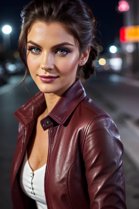 best quality, realistic, front pov, KristannaTX in a los angeles city street, (a female german supermodel), (wine red leather button jacket:1.1), seductive smile, (dark hair), (updo hair:1.0), perfect eyes, sharp details, detailed face, face makeup, cheeks...