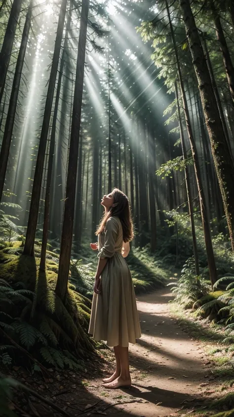 Woman in an enchanted forest at dawn, high resolution, extremely realistic - A woman standing in an enchanted forest clearing, with rays of sunshine filtering through the tall trees. Wildflowers surround her feet as she gazes in wonder at the natural beaut...