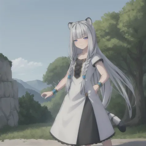 ((masterpiece)), (best quality), (ultra-detailed), photorealistic, (best illustration), ((an extremely delicate and beautiful)), 1girl, solo, long hair, tiger ears, [:tiger tail under:0.2], white hair, two-tone hair, full body, long blue cape, (Alternative...