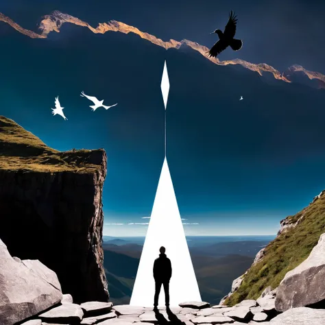 a person figure standing on the rocky mountain next to the cliff and looking down, triangular bird like shapes flying around and the altar next to the person
