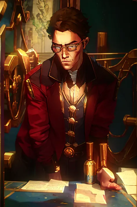 make a character where he has a steampunk outfit where it is white with some blue gears and he is asked a board with calculations and he seems to be denying the result that being in the board. He has wavy brown hair and blue eyes and wears steampunk glasse...