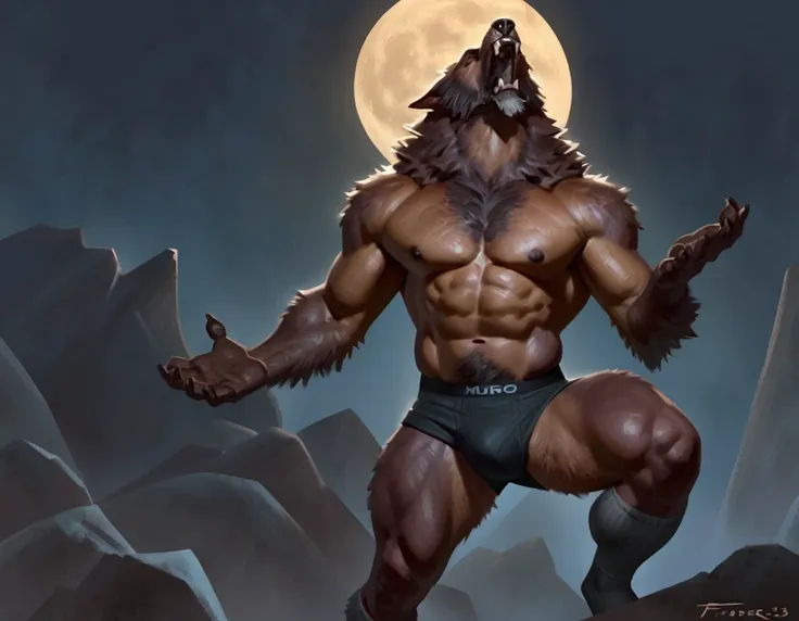 (2023:1), (best_quality:1), (high_quality:1), (absurd_res:1), (hi_res:1), (detailed:1), male werewolf howling at the moon, by taran fiddler, pecs, dark nipples, abs, boxer briefs, shredded socks, tall, beard,