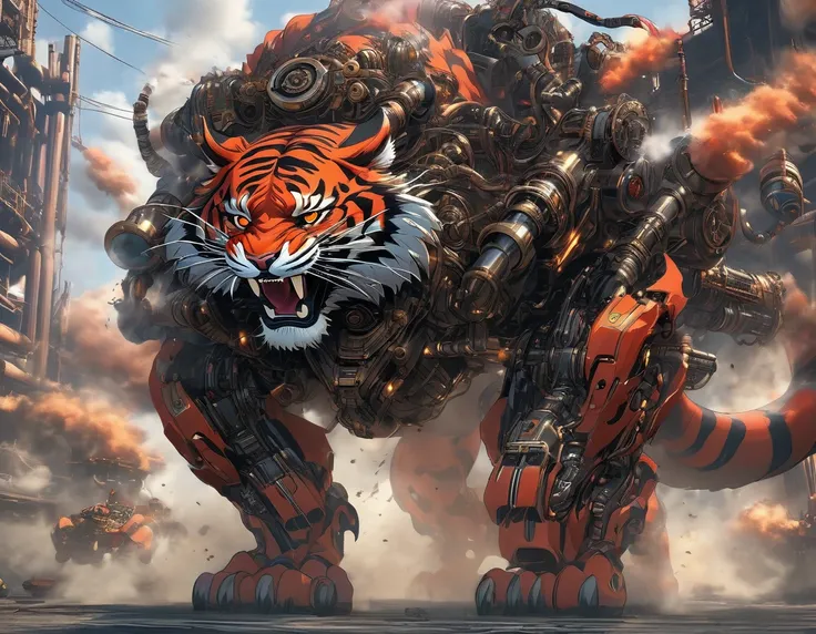 ((Masterpiece)), ((Best Quality)), (Very Detailed), ((Very Detailed)), 4K, (8K), very aesthetic, absurdres highres, create an image of a robotic mechanical beast in the form of a tiger, equipped with weaponry such as laser cannons and missiles suitable for...