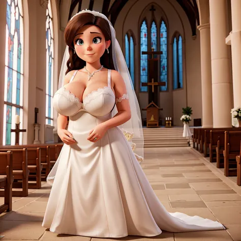 Bride with huge breasts in a bra waiting at the altar of a church to get married 