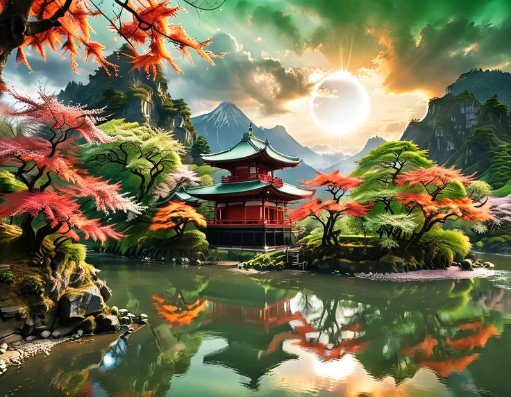 a National Geographic picture of dark Japanese medieval temple, as the sun (rises in the horizon: 1.1), it sits on the bank of a river near surrounded by cherry trees, almond trees, Japanese maple trees, (all trees in many colorful shades of green, red, pi...