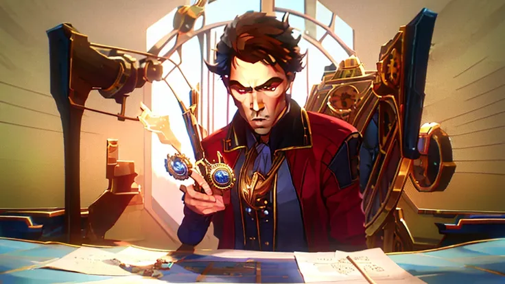 make a character where he has a steampunk outfit where it is white with some blue gears and he is asked a board with calculations and he seems to be denying the result that being in the board. He has wavy brown hair and blue eyes and wears steampunk glasse...