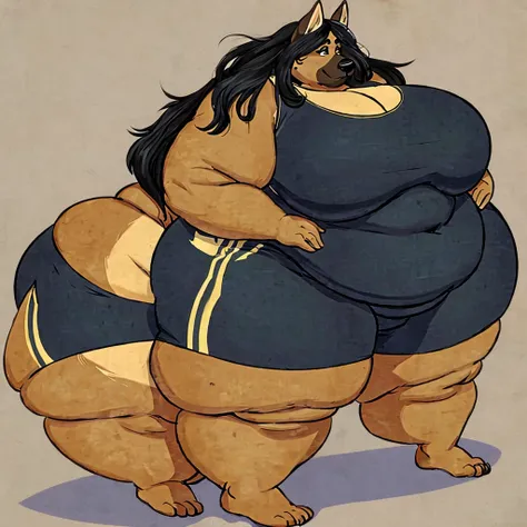 German Shepherd, female, long hair, huge breasts, huge hips, huge thighs, plump, voluptuous, obese, sports bra, sports shorts, simple background, barefoot,fat arms, fat legs, belly rolls,messy hair , wide body, corpulent 