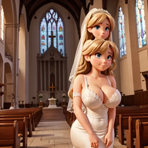 Bride with huge breasts in a bra waiting at the altar of a church