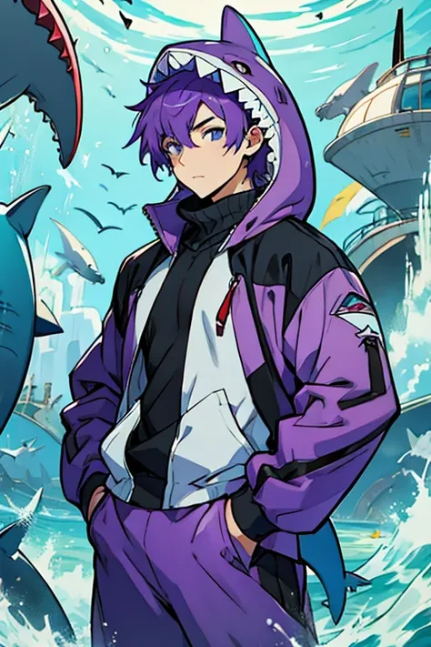 Young man short purple hair wearing shark costume 