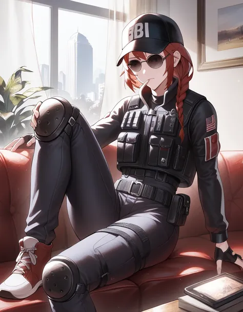 check_9, check_8, check_7, source_anime,
smoke, asdef, red hair, black jacket, black shirt, long sleeves, bulletproof vest, blac...