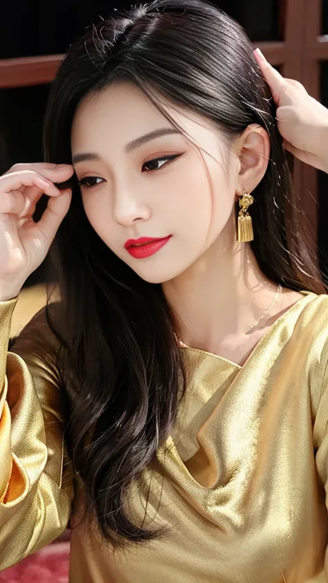 tra-detailed、Japanese、attractive beauty、seductive adult woman、pretty woman、piercing eyes、cool girl、wavy hair、swept bangs、Long Black and Gold Cheongsam、wide sleeves、Evil cadres、evil depravity、brainwash、mind control、lipstick、lip gloss、dark makeup、smirk、whisp...