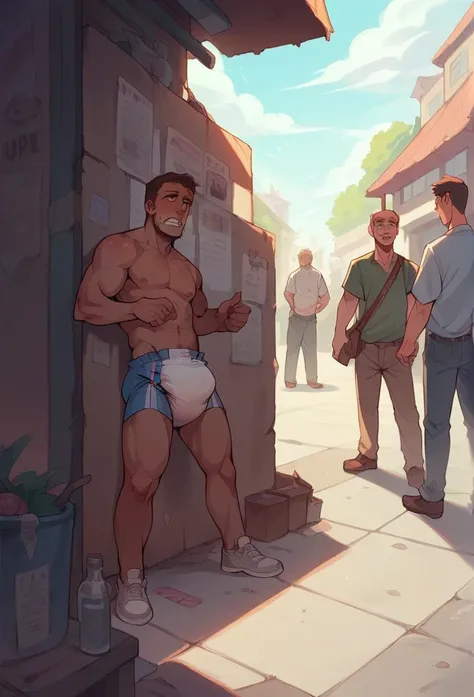 A mature man in his 40s wearing a diaper full, While being humiliated by a group of people in public, humiliated, humiliating 