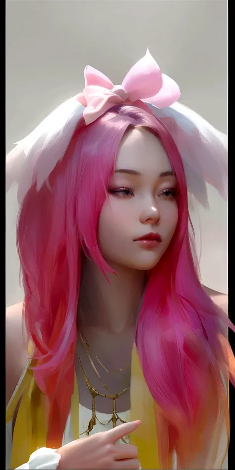 there is a woman with pink hair and a pink and yellow wig, Guweiz, retrato de jisoo de blackpink, painted in anime painter&#39;s studio, obra de arte al estilo de Guweiz, jisoo de blackpink, made with anime painter studio, anime realism style, realistic an...