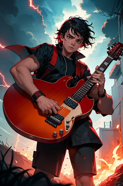 Eddie Munson from Stranger Things, playing his red B.C Rich Warlock model guitar amidst lightning and fire. Image with predominance of red colors. HQ style