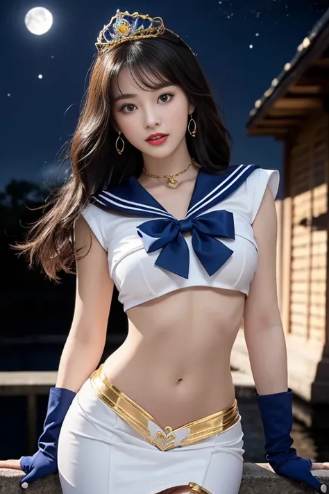 1 korean girl, sexy girl, strikingly beautiful, black hair, big breasts, delicate facial features, porcelain skin, red lips, eyes hook the soul seduces you, ((awe and joy expression)), 18 years old, (Sailor Moon supersailormoon mer1, Tiara, Sailor Senshi U...