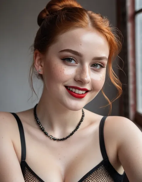  hyperrealistic beautiful busty 16-year-old woman , model shooting full body photography, natural redhead classic bun, freckles, soaky wet skin, dark eye makeup with eyeliner, seductive smile, red lips, small necklace, 8K, Best quality, Meisterwerk, ultra ...