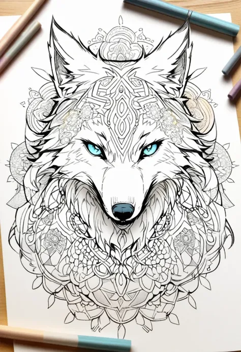 coloring ilustration of a wolf with mandalas pattern inside for coloring, white background