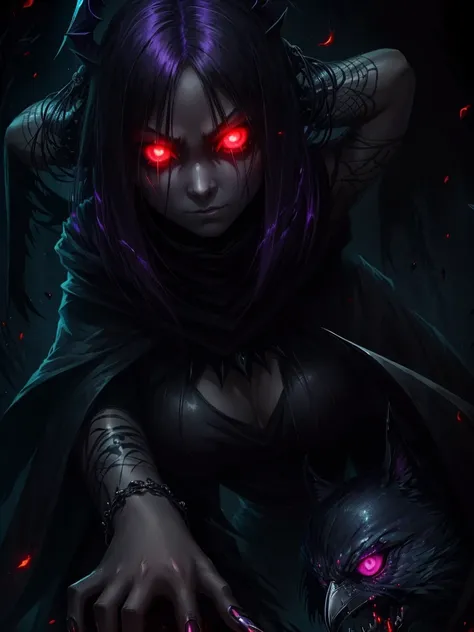 girl, dark, glowing eyes, evil, evil and scary look, raven nearby