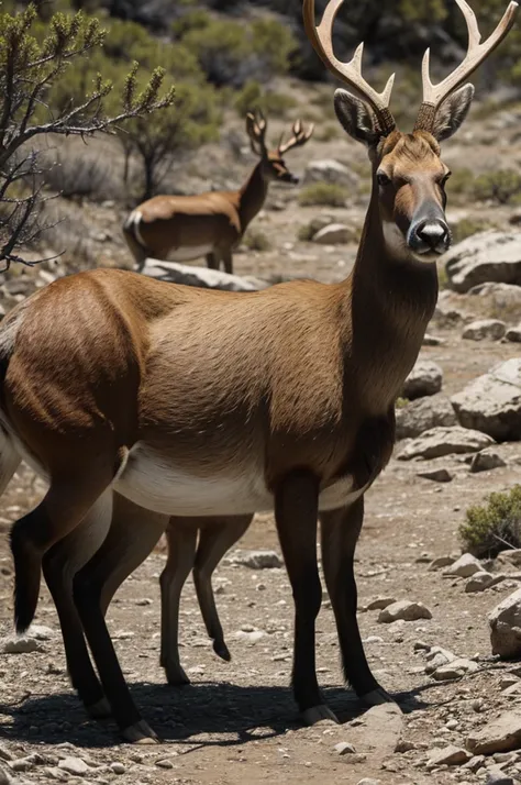 Spotlight, draw a majestic huemul, highlighting the vulnerability of huemul to environmental and human changes.