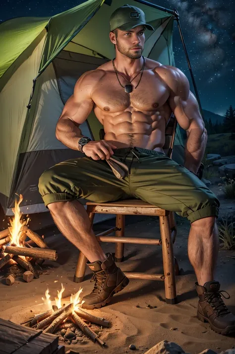 Full body shot, photorealistic full body a tall Muscular 24 year old white handsome sexy topless young man，With blond shaved hair, blue eyes, Wearing dark brown cargo shorts, manly necklace, watch, baseball cap, There is stubble on the face, and tan hiking...