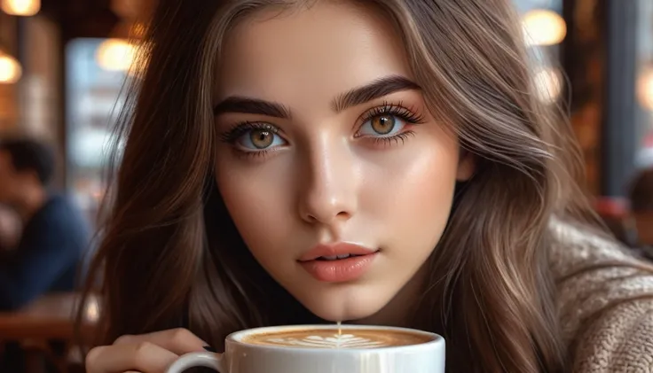 a 19 year old girl with long brown hair in a cafe serving coffee, beautiful detailed eyes, beautiful detailed lips, extremely detailed eyes and face, long eyelashes, warm lighting, cozy atmosphere, photorealistic, 8k, high quality, hyper detailed, intricat...